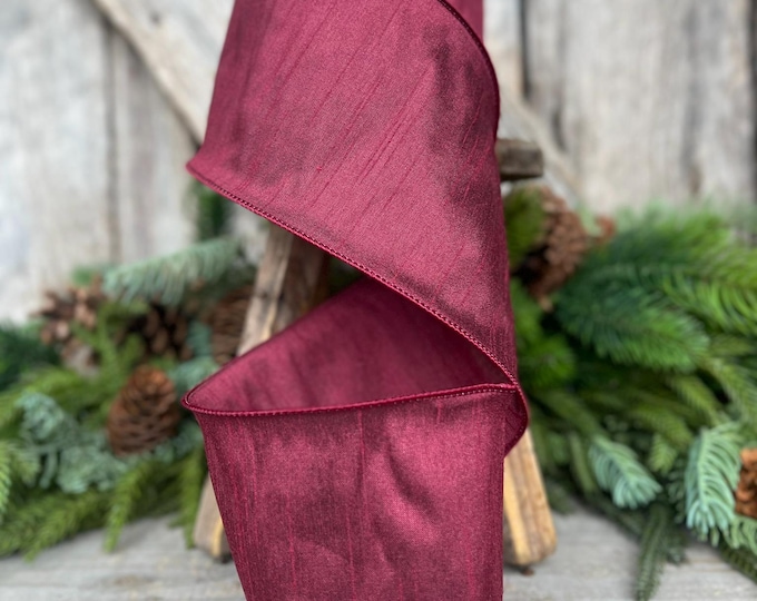 4" Burgundy Ribbon, Dupion Ribbon, Wired Ribbon, Ruby Ribbon, Maroon Ribbon, Christmas Ribbon, Fall Ribbon, Designer RIbbon
