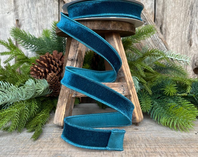 1" Dark Teal Velveteen Ribbon, Farrisilk Ribbon, Teal Ribbon, Fall Ribbon, Christmas Ribbon, Narrow Ribbon, RS267-19