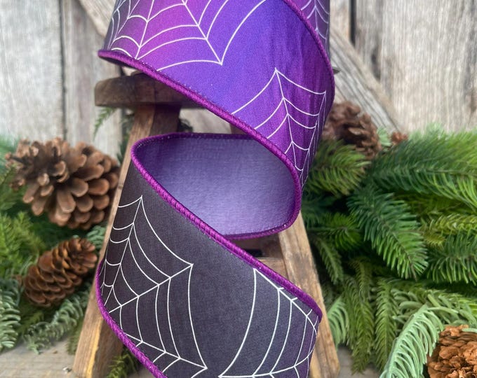 2.5" Purple Spider Web Ribbon, Farrisilk Ribbon, Halloween RIbbon, Halloween Decor, Designer Ribbon, Purple Halloween Ribbon