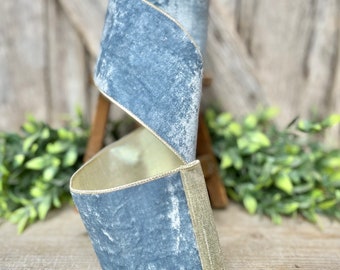 4" French Blue Velvet, Light Blue Velvet Ribbon, Wired Ribbon, Ribbon, Velvet Ribbon, Christmas Ribbon, Blue and Champagne Gold Ribbon