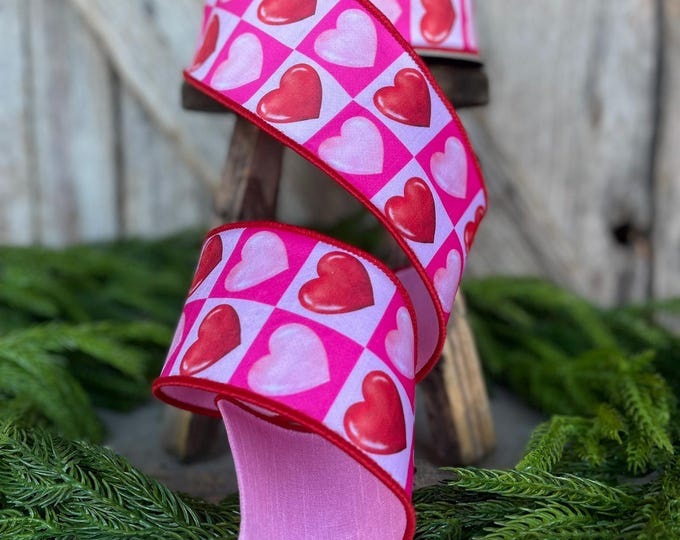 2.5" Heart Valentine Ribbon, Farrisilk Ribbon, Wired RIbbon, Valentine Ribbon, Pink and Red Ribbon, Designer RIbbon, RK559-02
