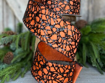 2.5" Orange Black Glitzy Web Ribbon, Farrisilk Ribbon, Halloween RIbbon, SPider Web Ribbon, Designer Ribbon, Wired RIbbon, RS105-52