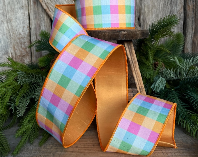 2.5" Bright Multi Check Plaid Wired Ribbon – Colorful Designer Spring Ribbon for Wreaths & Bows