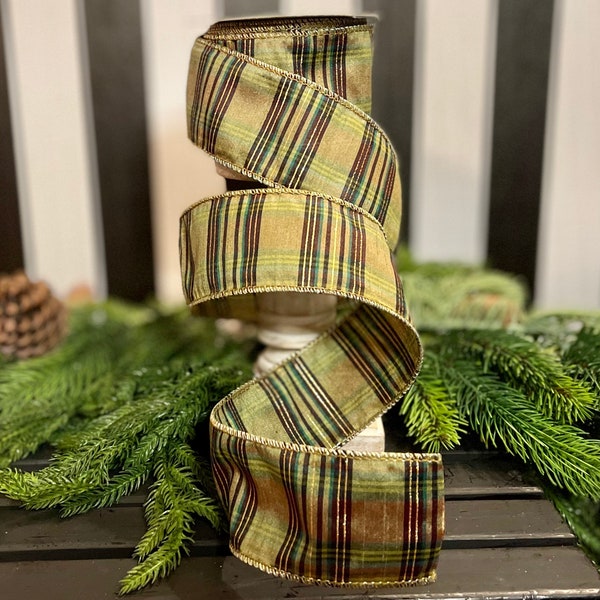 2.5" Green Moss Christmas Plaid, Woodsy Christmas Ribbon, Christmas Plaid Ribbon, Moss and Gold Plaid, Wired Ribbon, Green Plaid Ribbon