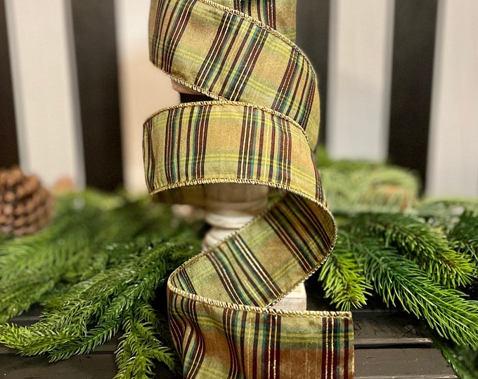 2.5" Green Moss Christmas Plaid, Woodsy Christmas Ribbon, Christmas Plaid Ribbon, Moss and Gold Plaid, Wired Ribbon, Green Plaid Ribbon