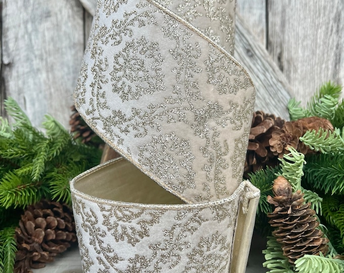 4" Ivory Gold Velvet Christmas Ribbon, 4" Ivory and Gold Filigree Wired Edge, Christmas Tree RIbbon, Wired RIbbon, Elegant Ribbon