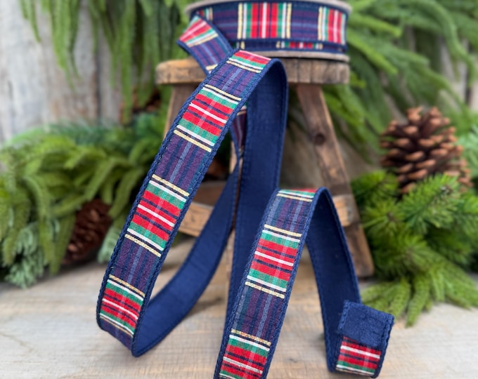 1" Navy Blue Christmas Plaid Ribbon, Farrisilk Plaid Ribbon