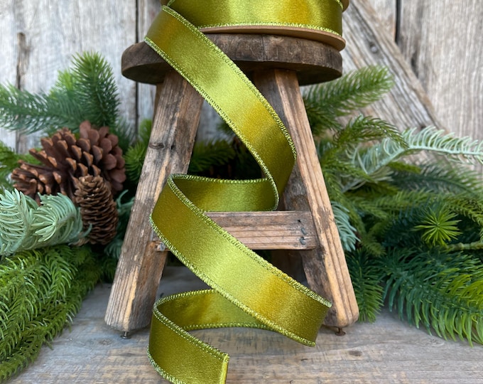 1" Moss Satin Ribbon, Christmas Ribbon, Shimmer Satin Ribbon, Wired Ribbon, Moss Green Ribbon