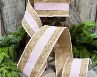 2.5" Light Pink Burlap Border Ribbon, Farrisilk Ribbon