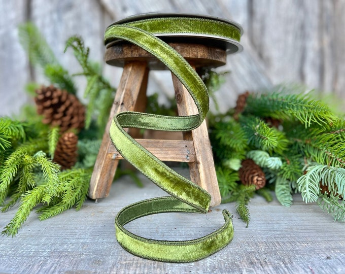 3/4" Forest Green Velvet Ribbon, Farrisilk Ribbon, Wired Ribbon, Christmas Ribbon, Moss Green Ribbon, Olive Green Ribbon, Wired