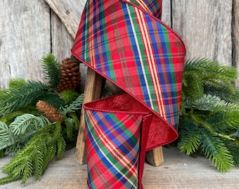 4" Chistmas Plaid ribbon, Farrisilk Ribbon, Nutcracker plaid ribbon, Christmas plaid ribbon, wired ribbon, Glitz Plaid Ribbon, RK701-32