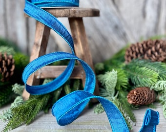 7/8" Blue Turquoise Wired Ribbon, Dupioni Ribbon, Narrow Ribbon, Wreath Supply