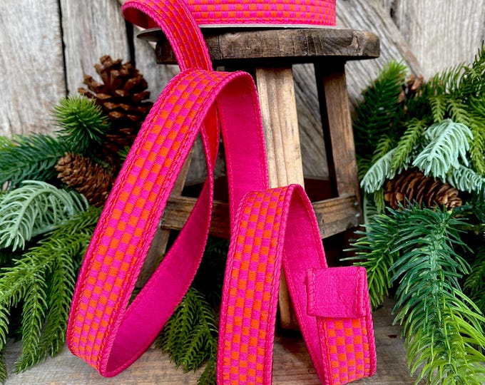 1" Hot Pink Orange Ribbon, Farrisilk Ribbon, Kitschy Checks Ribbon, Wired Ribbon, Pink Orange Christmas Ribbon, RK848-32