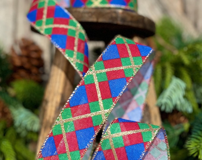 1.5" Blue Christmas Plaid Ribbon, Red Blue Green Gold Georgina Plaid Ribbon, Christmas plaid Ribbon, Christmas Tree Ribbon
