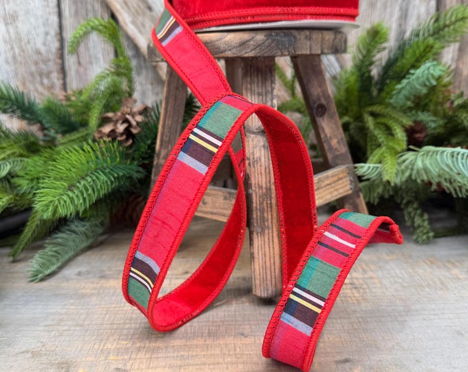 1" Red Velvet Plaid Ribbon, Double Sided Plaid Ribbon