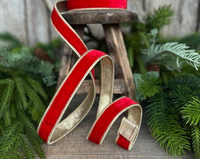 1" Red Plush Velvet RIbbon, Wired Ribbon, Red Velvet Ribbon, Christmas Ribbon, Holiday Ribbon, Red and Gold Velvet Ribbon, Red Wired Ribbon