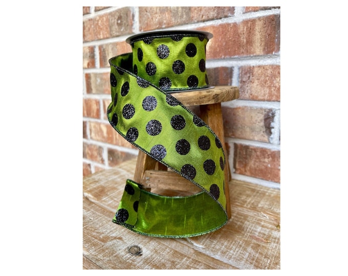 Halloween ribbon, farrisilk ribbon, polka dot ribbon, green polka dot ribbon, luxury ribbon, 2.5 inches, 10 yards