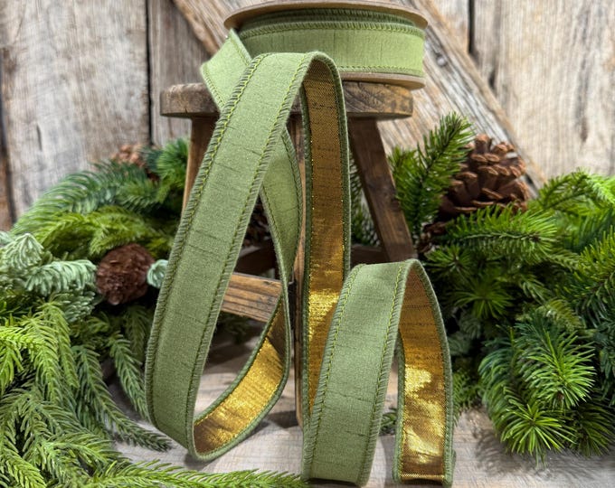 1" Moss Green Ribbon, Green and Gold Ribbon, Fall Ribbon, Christmas Ribbon