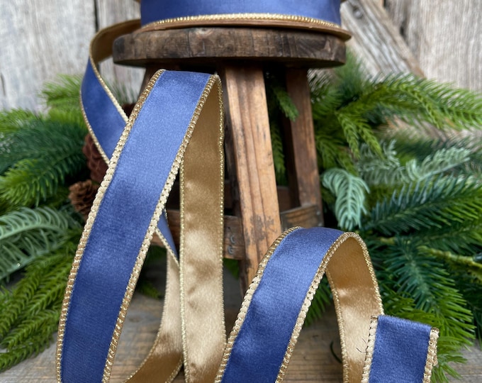 1" French Blue Velvet Ribbon, French Blue Velvet Ribbon, Wired Ribbon, Christmas RIbbon, Blue Gold Ribbon, Christmas Bows