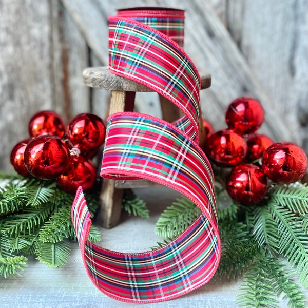 Christmas plaid ribbon, red plaid ribbon, 2.5 inch ribbon, red ribbon, Christmas ribbon, holiday ribbon, plaid ribbon, wired ribbon, ribbon