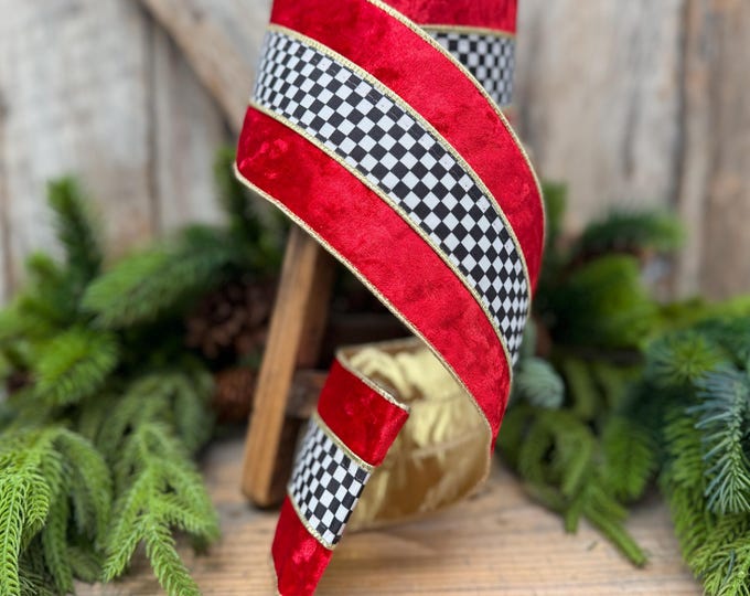 4" Red Velvet Black White Check Wired Ribbon | Gold Backing | 10 Yards