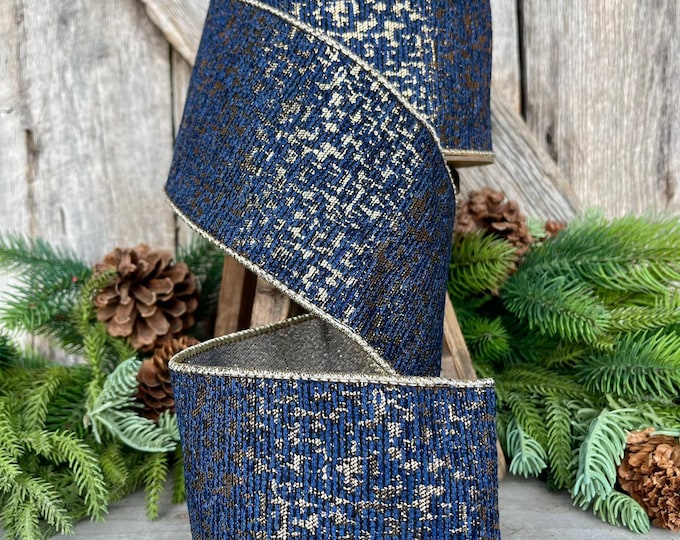 4" Navy Blue Gold Wired RIbbon, Navy Jacquard Ribbon, Christmas Tree Ribbon, Navy Blue Ribbon, Blue Christmas Ribbon
