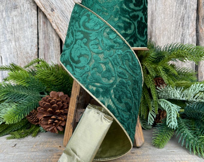 Emerald Green Embossed Velvet Christmas Ribbon: Wired Gold Backing, 4" x 10 Yards