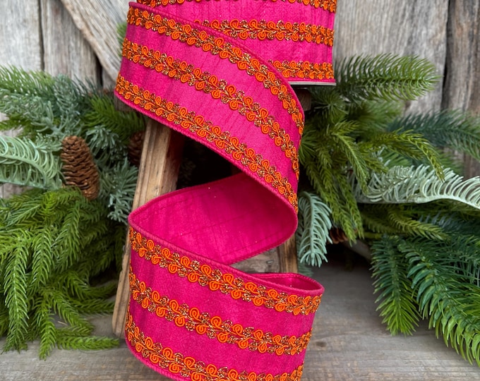 2.5" Hot Pink Orange Ribbon, Farrisilk Ribbon, Hot Pink & Orange Carnival Frills Ribbon, Halloween Ribbon, Christmas Ribbon, RK825-15
