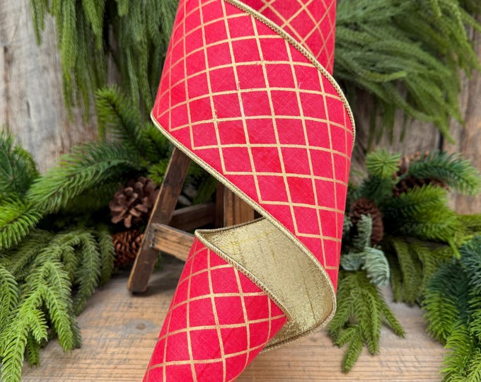 4" Red Gold Harlequin Ribbon, Christmas Tree Ribbon