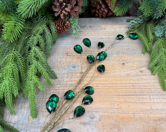 26" Emerald Green Gem Spray – Faceted Jewel Christmas Tree Pick