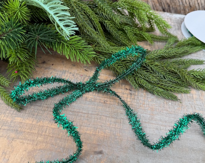 Green Tinsel Christmas Ribbon: 3/8" Wired Gift Wrap