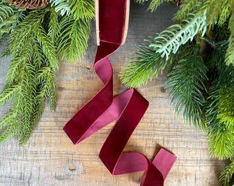 1" Burgundy Unwired Velvet Ribbon, Christmas Bow Ribbon, Maroon Velvet Ribbon, Christmas Tree Ribbon