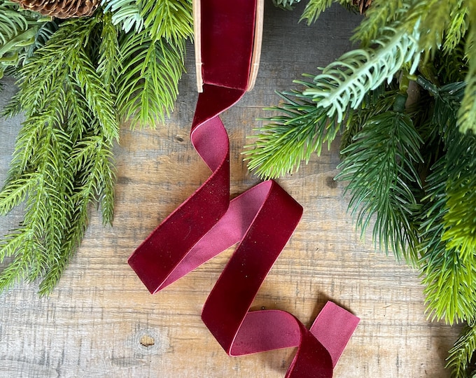 1" Burgundy Unwired Velvet Ribbon, Christmas Bow Ribbon, Maroon Velvet Ribbon, Christmas Tree Ribbon