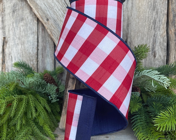 4" Patriotic Plaid Ribbon, D Stevens Ribbon, Red white blue check ribbon, Patriotic Ribbon Designer Ribbon, 07-1821