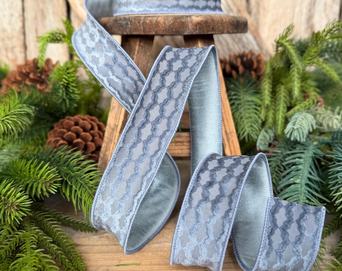 1.5" Steel Blue Velvet Ribbon, Farrisilk Ribbon, Christmas Ribbon, Geometric Pattern Ribbon, RS305-17