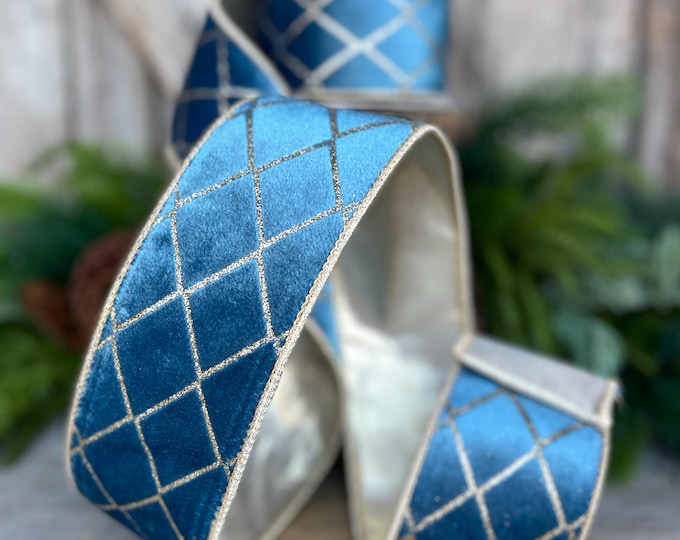 2.5" Dusty BLUE Metallic Diamonds Velvet Ribbon, Blue Christmas Ribbon