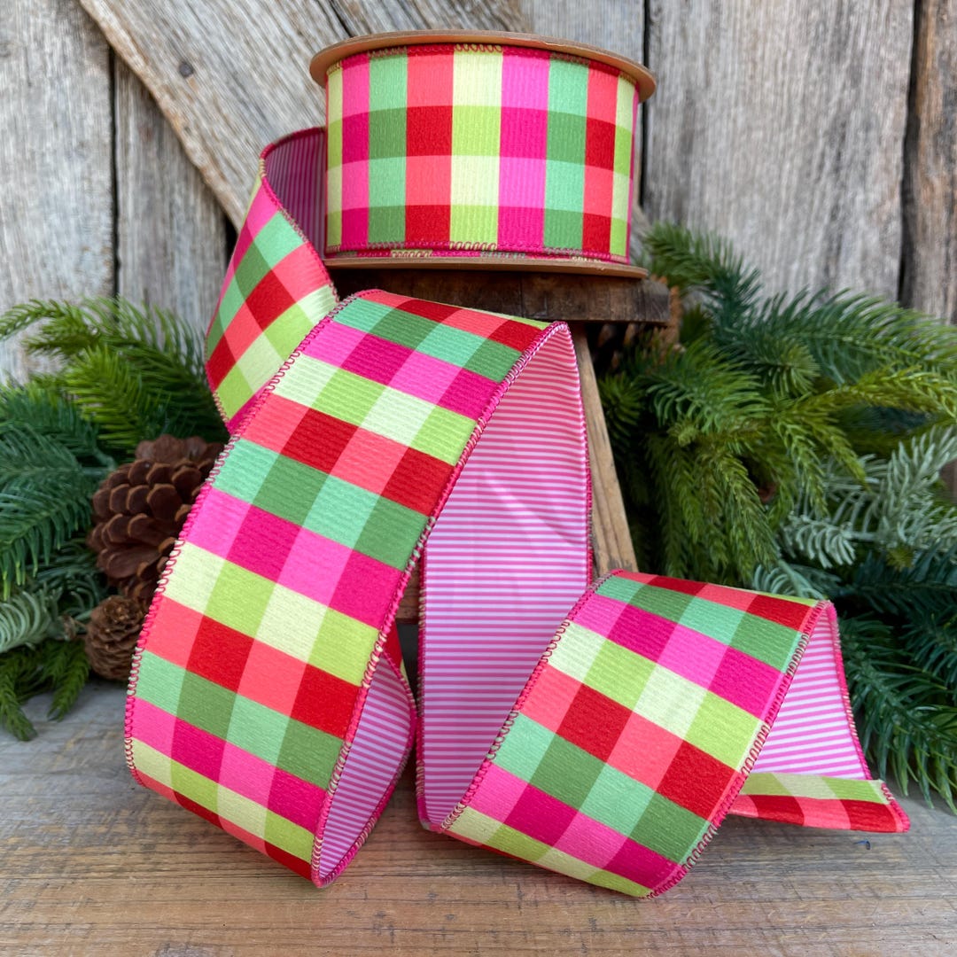 Pink Ribbon Xmas Hot Pink Plaid Ribbon, Christmas Tree Ribbon, 2.5
