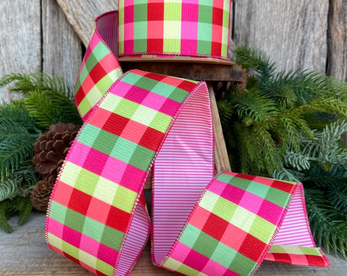 Hot Pink Plaid Ribbon, Christmas Tree Ribbon, 2.5" x 10yds
