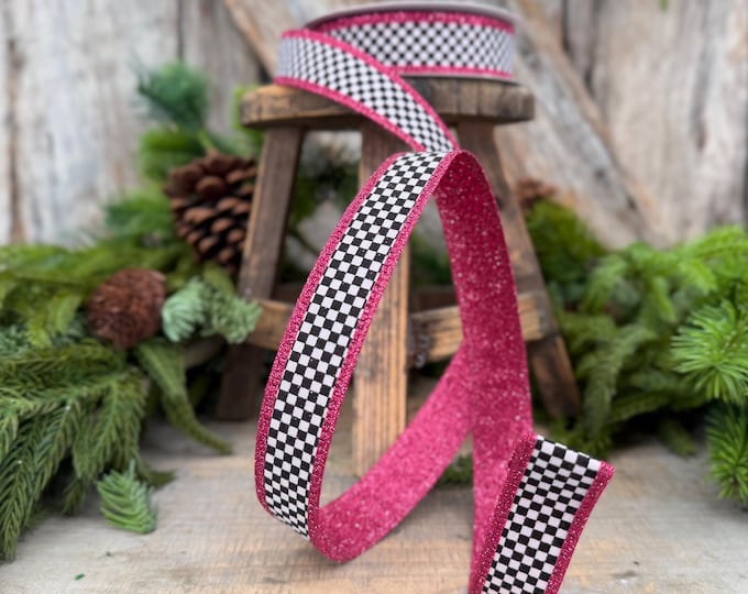 1" Black White Check Hot Pink Glitter Wired Ribbon, 10 Yard Roll