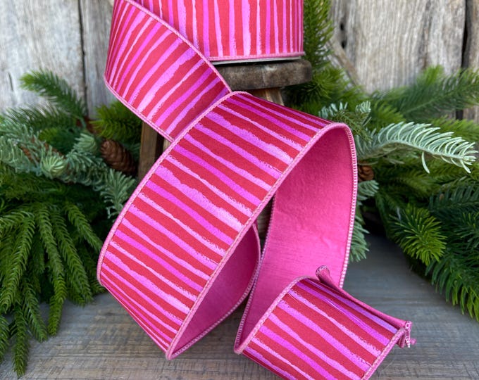 2.5" Red Pink Stripe Ribbon, Farrisilk Ribbon, Wired Ribbon, Red Bristle Stripes Ribbon, Spring Ribbon, Striped Ribbon, SR079-02