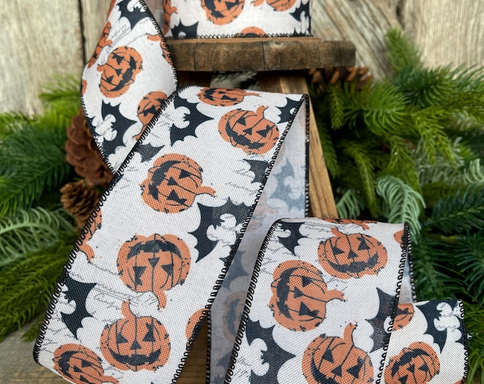 2.5" Halloween Ribbon, Jack o Lantern Ribbon,  Pumpkin Ribbon, Wired Ribbon, Designer Ribbon
