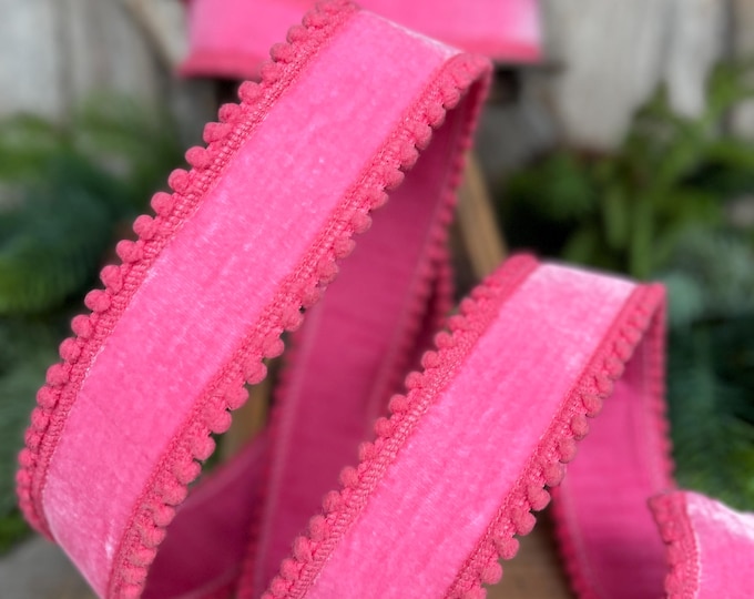 1.5" Pink Velvet Ribbon,  Bubblegum Pink Ribbon with Pom Pom Edge