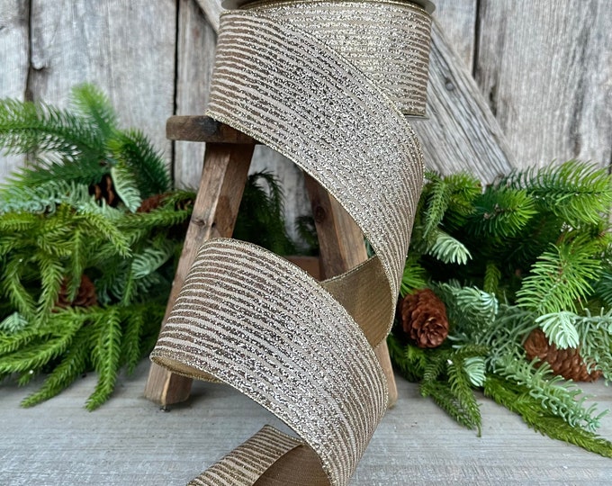 2.5" Platinum Gold Ribbon, Farrisilk Ribbon, Gold Random Stripes RIbbon, Christmas Tree Ribbon, Ribbon for bows, Wired Ribbon