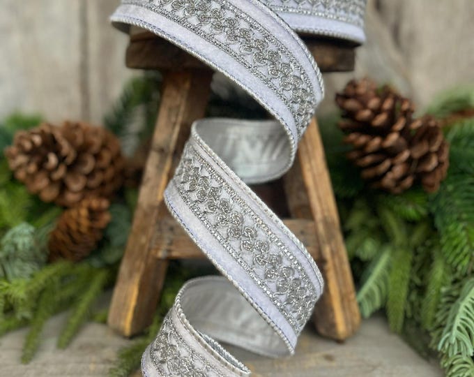 1.5" White Silver Trim Ribbon, White Jeweled RIbbon, White Ribbon, White Christmas Ribbon, Designer RIbbon, Embelished Ribbon