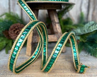 3/4" Emerald Green Jeweled Ribbon, Farrisilk Ribbon, Christmas Ribbon, RK898-55