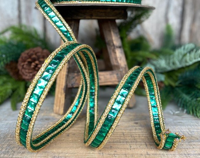3/4" Emerald Green Jeweled Ribbon, Farrisilk Ribbon, Christmas Ribbon, RK898-55