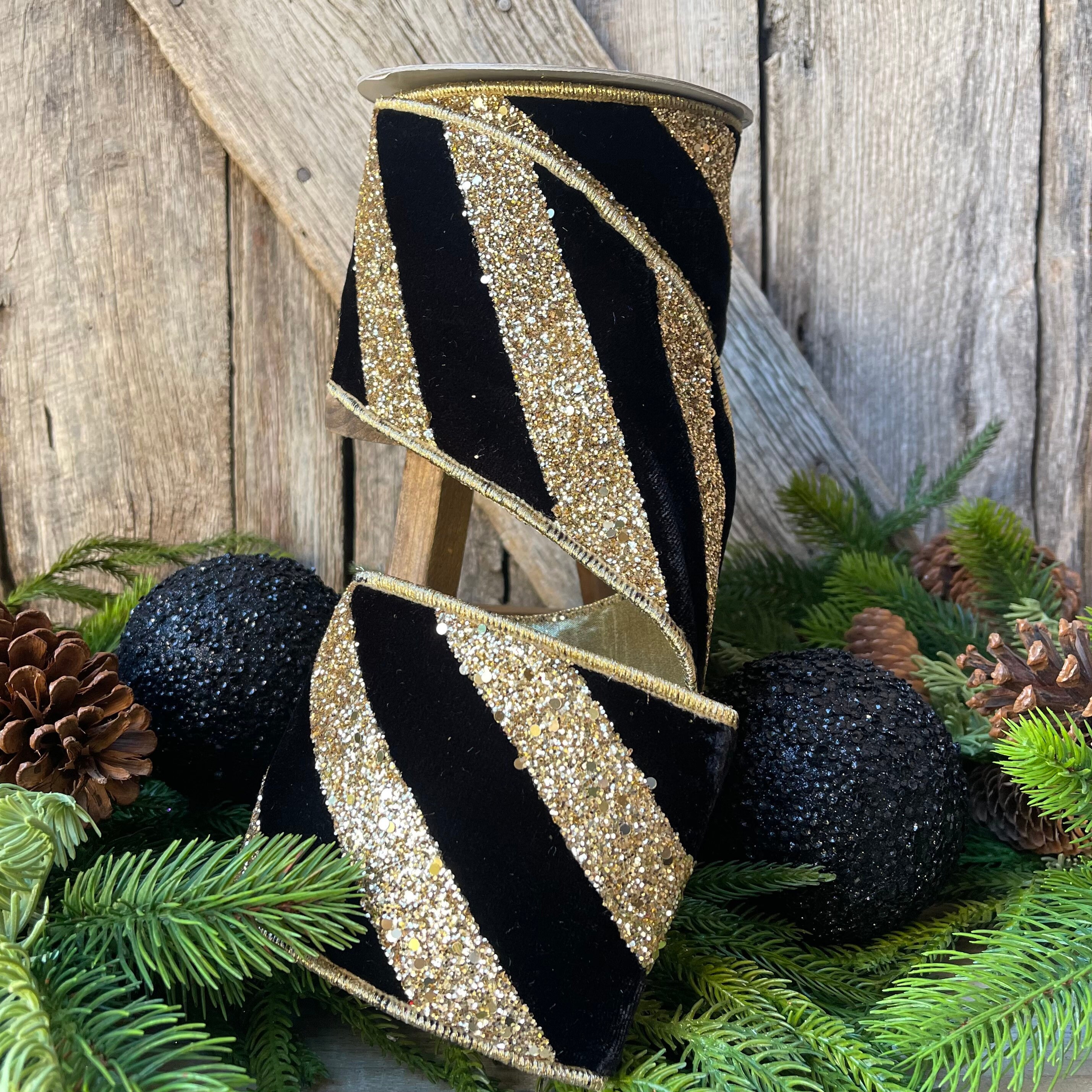 Gold Chunky Glitter Wired Ribbon, Farriislk Ribbon, Christmas Ribbon, 1.5  Inch Ribbon, Holiday Ribbon, Gold Ribbon 