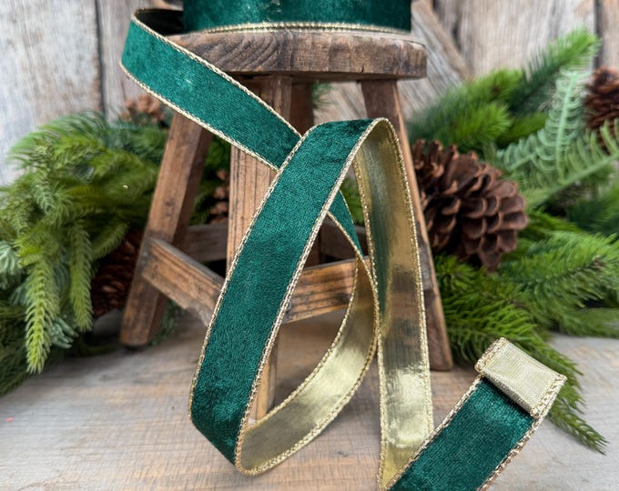1" Emerald Green Velvet ribbon with metallic gold backing
