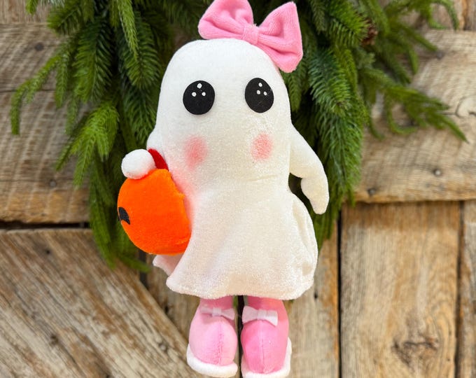 21" Girl Ghost Pumpkin Halloween Spray, Pink Bow Cute Spooky Decor