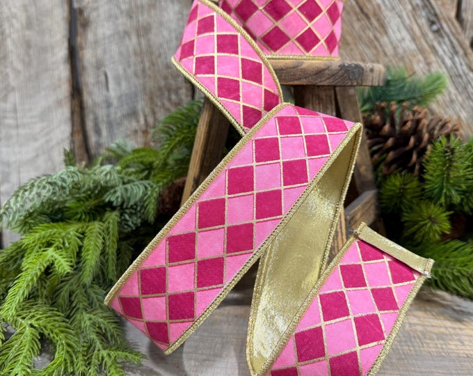 1.5" Pink Harlequin Ribbon, Wired Ribbon, Designer Ribbon, 2 Tone Pink Ribbon, Diamond Ribbon, 94562W-372-09D